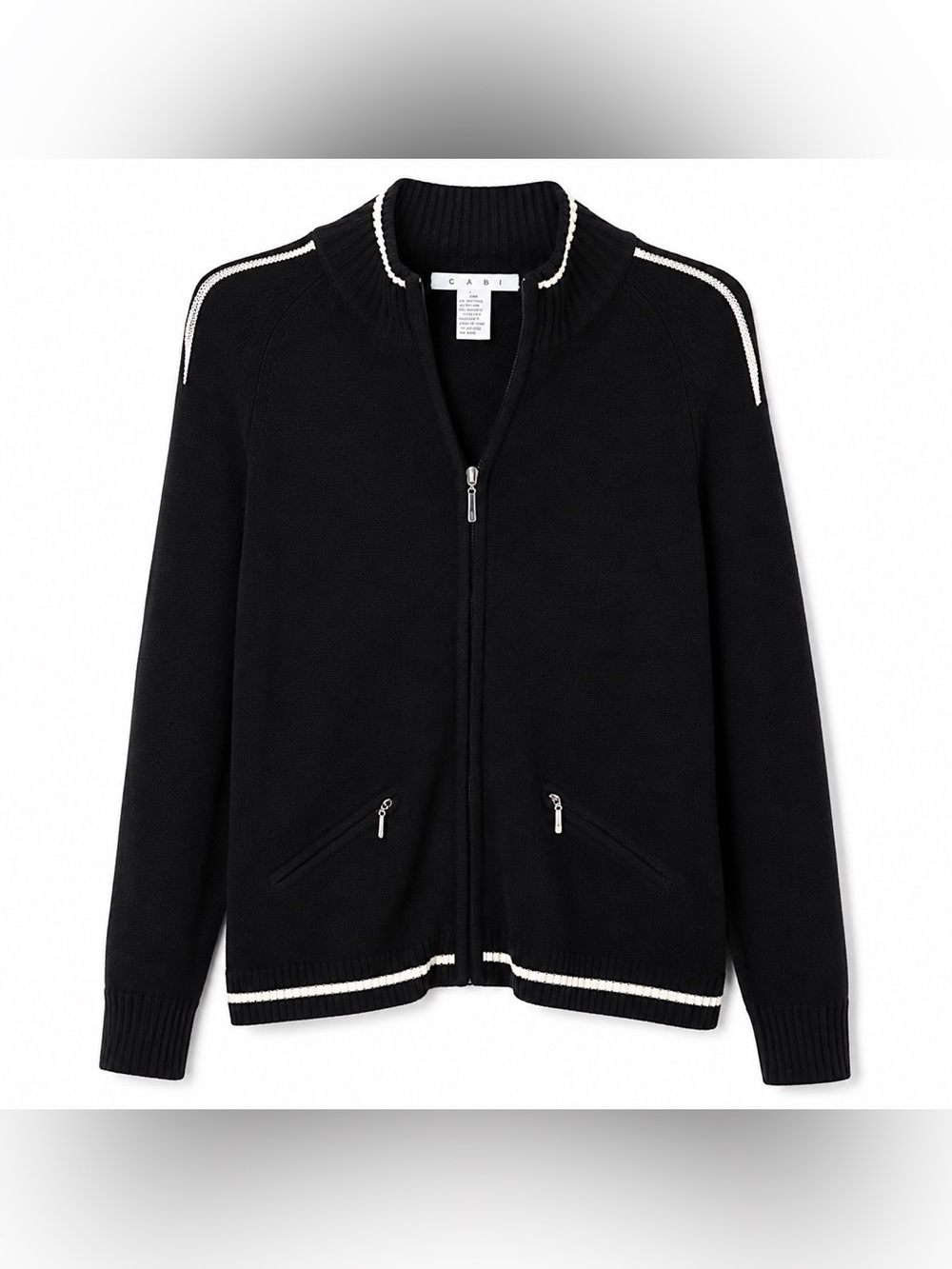 CAbi Black Zip-Up Sweater with White Trim